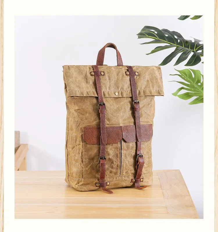 Waxed Canvas Leather Mens 15???? Green Waterproof Backpack Khaki Travel Backpack Hiking Backpack for Men