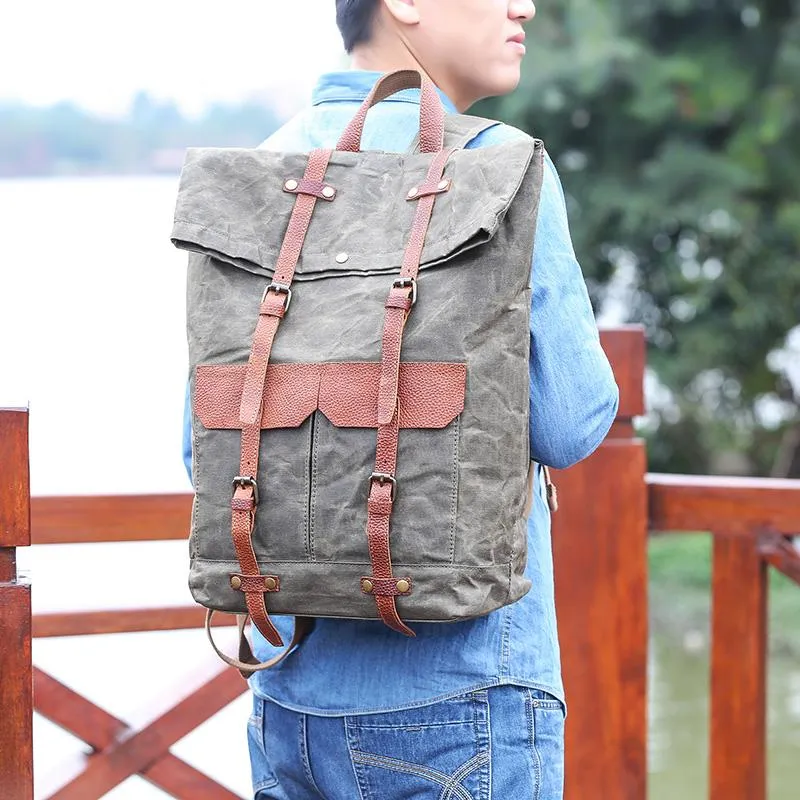 Waxed Canvas Leather Mens 15???? Green Waterproof Backpack Khaki Travel Backpack Hiking Backpack for Men
