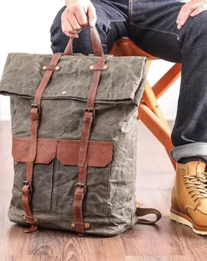 Waxed Canvas Leather Mens 15???? Green Waterproof Backpack Khaki Travel Backpack Hiking Backpack for Men