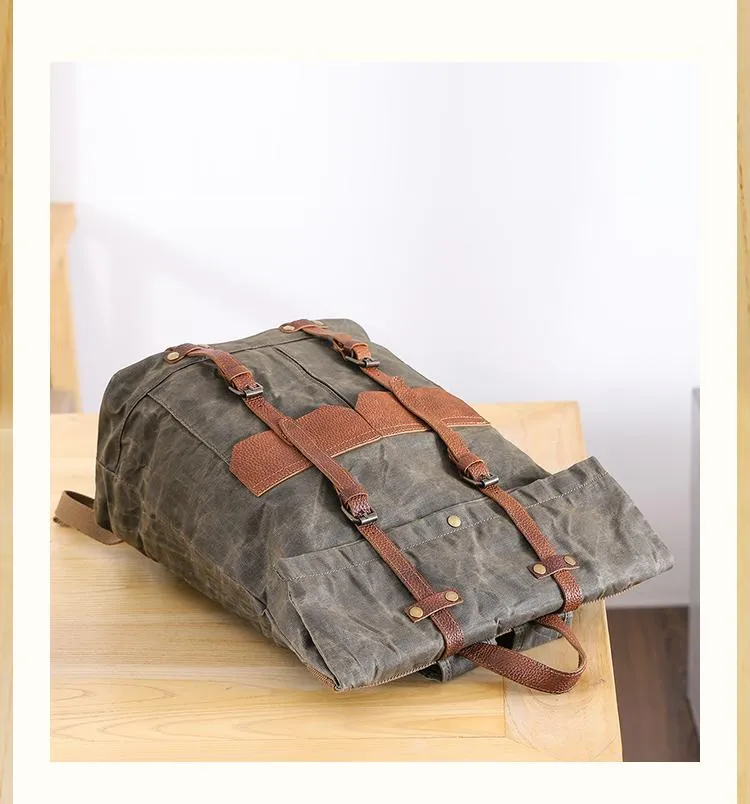 Waxed Canvas Leather Mens 15???? Green Waterproof Backpack Khaki Travel Backpack Hiking Backpack for Men