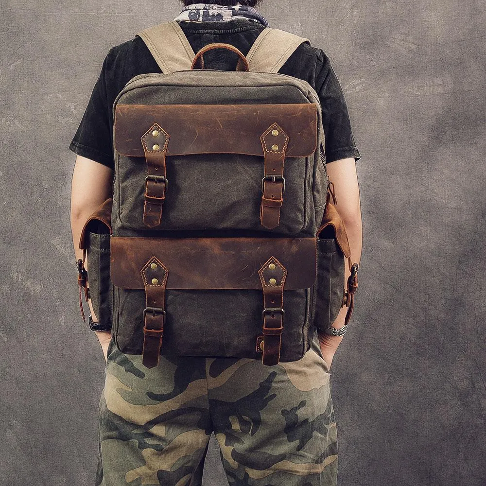 Waxed Canvas Leather Mens 15" Laptop Backpack Army Green Travel Backpack Dark Gray College Backpack for Men