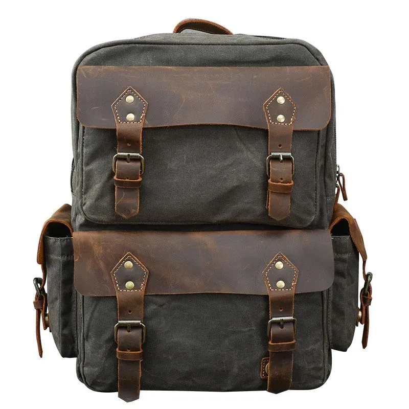 Waxed Canvas Leather Mens 15" Laptop Backpack Army Green Travel Backpack Dark Gray College Backpack for Men