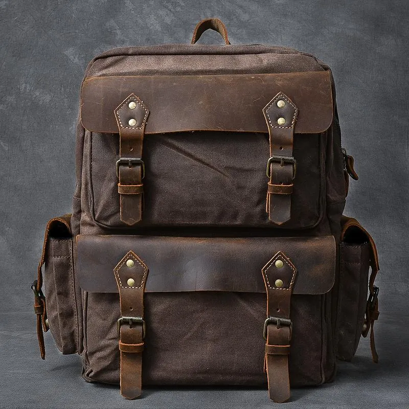 Waxed Canvas Leather Mens 15" Laptop Backpack Army Green Travel Backpack Dark Gray College Backpack for Men
