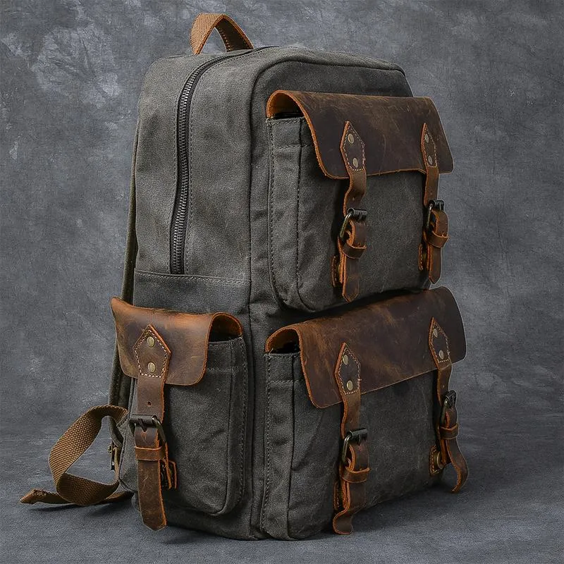 Waxed Canvas Leather Mens 15" Laptop Backpack Army Green Travel Backpack Dark Gray College Backpack for Men