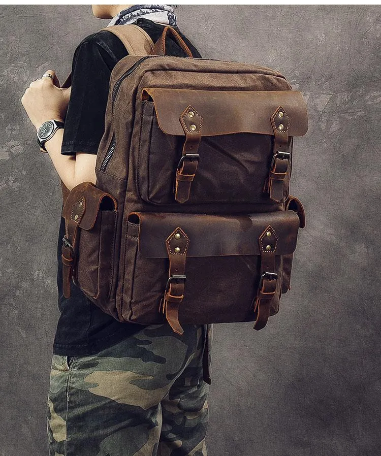 Waxed Canvas Leather Mens 15" Laptop Backpack Army Green Travel Backpack Dark Gray College Backpack for Men