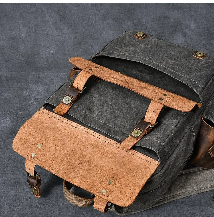 Waxed Canvas Leather Mens 15" Laptop Backpack Army Green Travel Backpack Dark Gray College Backpack for Men