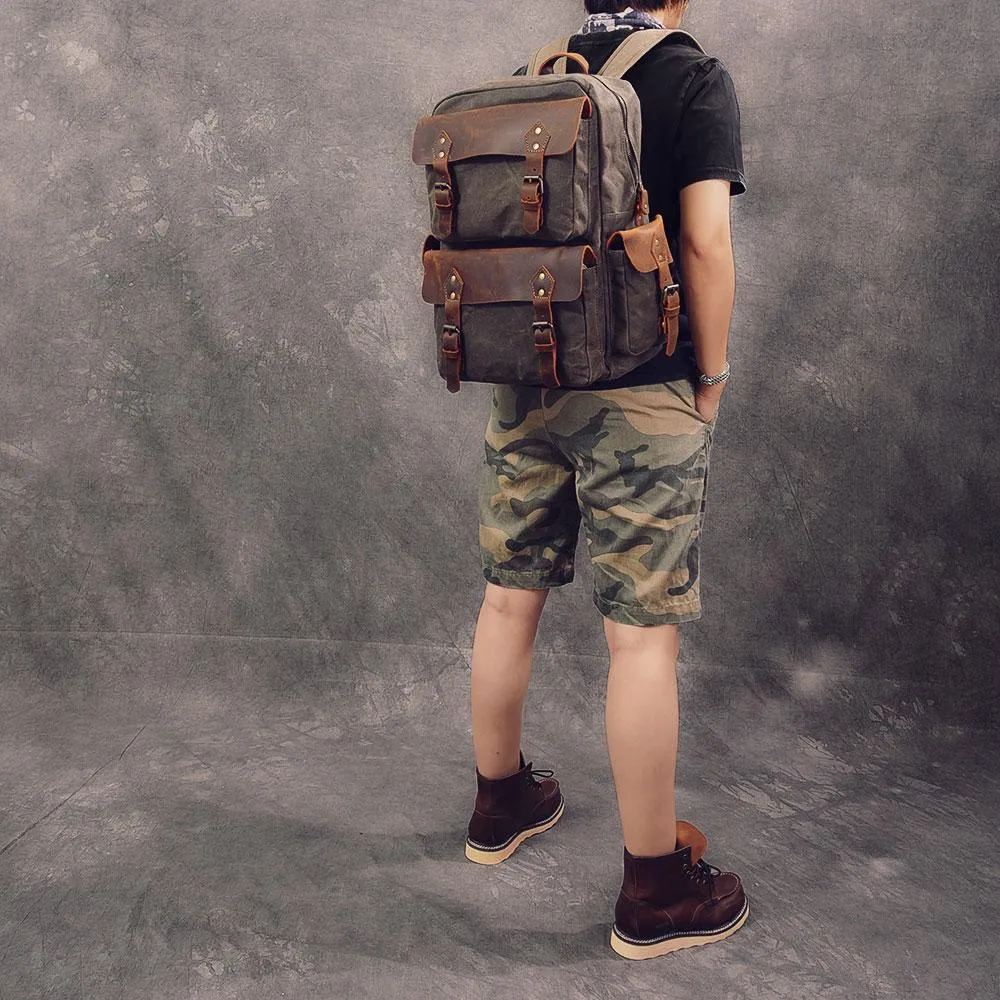 Waxed Canvas Leather Mens 15" Laptop Backpack Army Green Travel Backpack Dark Gray College Backpack for Men