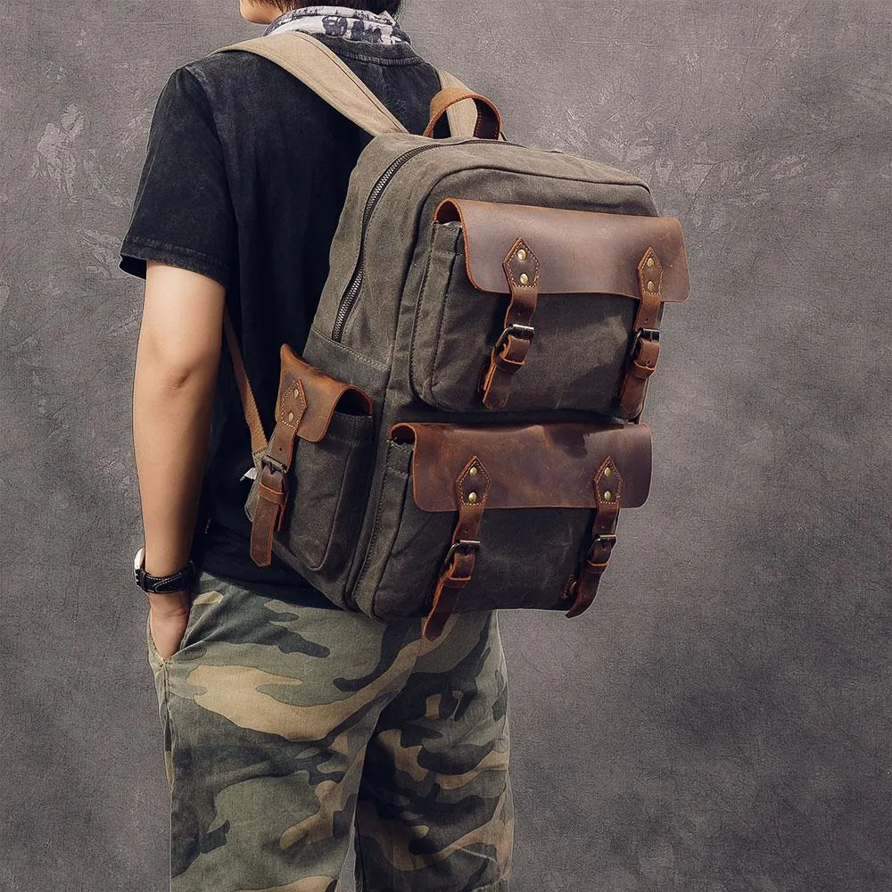 Waxed Canvas Leather Mens 15" Laptop Backpack Army Green Travel Backpack Dark Gray College Backpack for Men