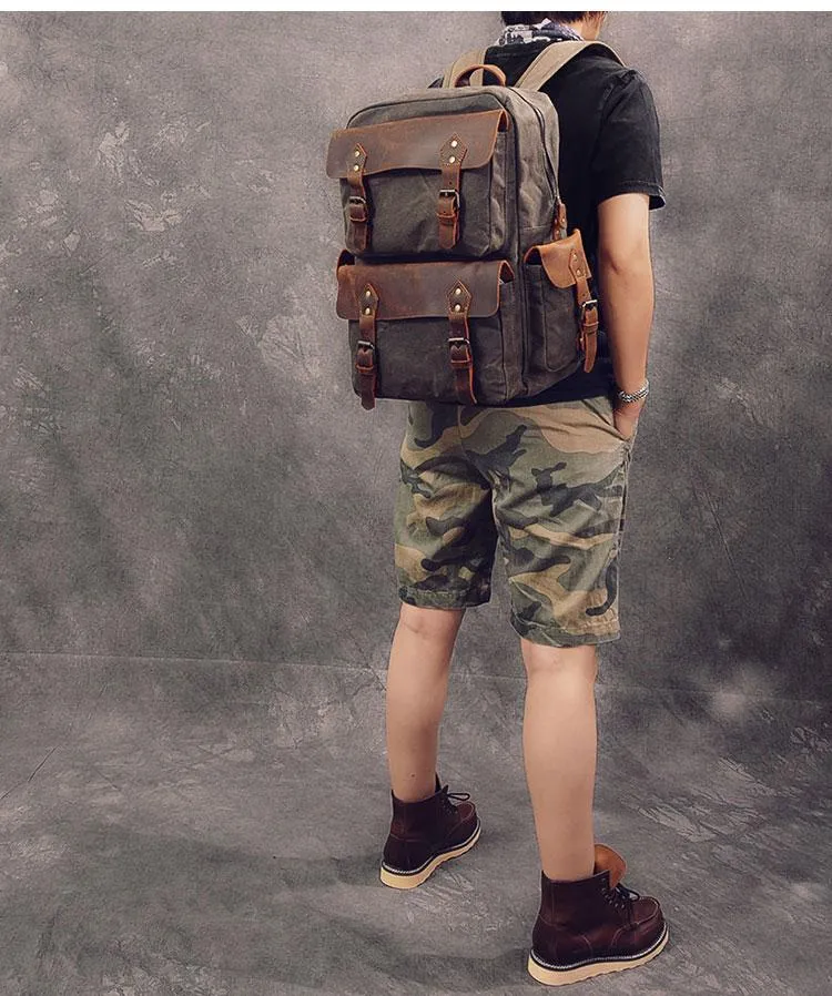 Waxed Canvas Leather Mens 15" Laptop Backpack Army Green Travel Backpack Dark Gray College Backpack for Men