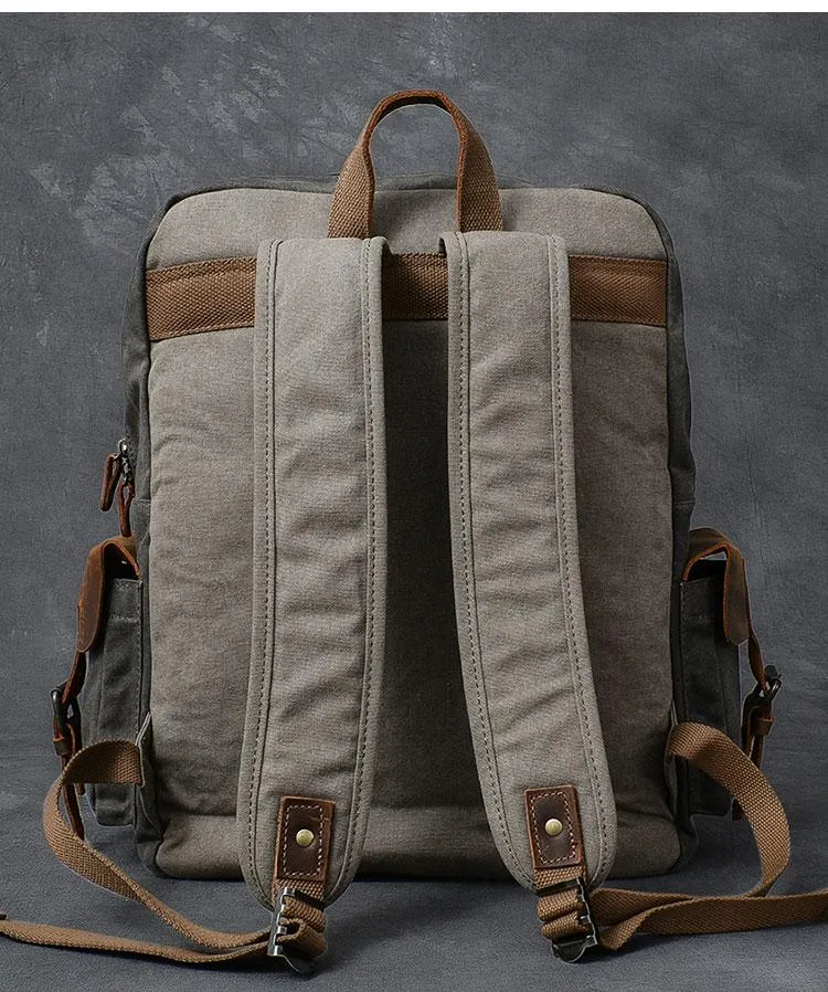 Waxed Canvas Leather Mens 15" Laptop Backpack Army Green Travel Backpack Dark Gray College Backpack for Men
