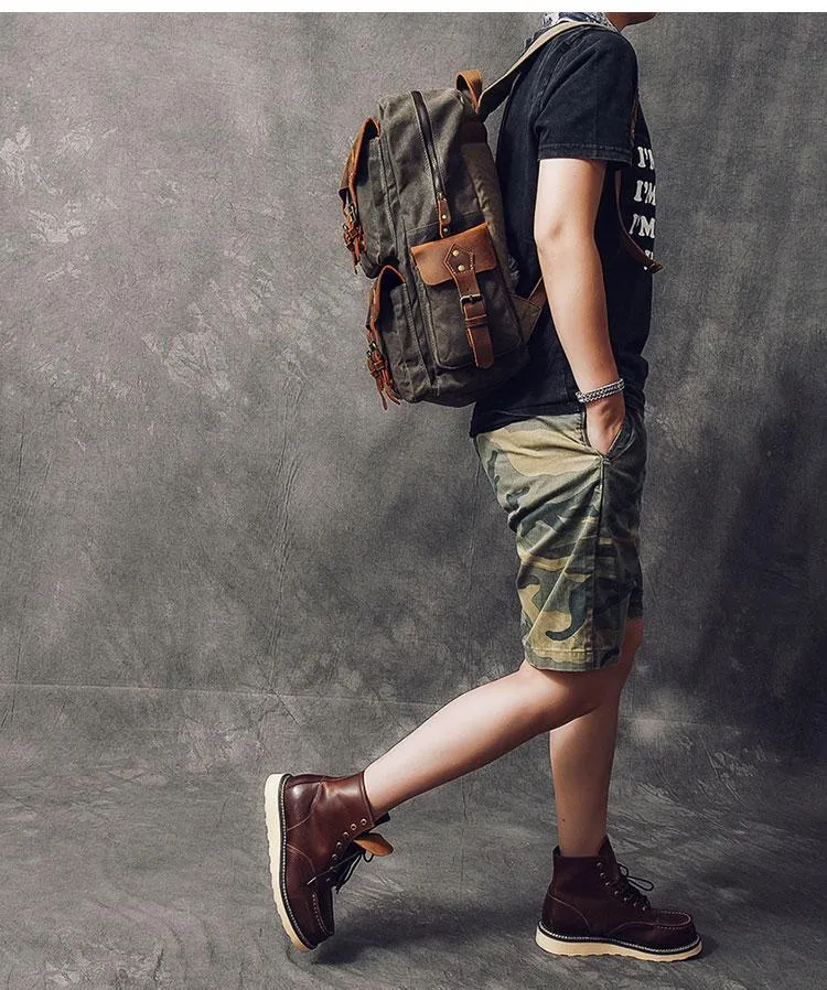 Waxed Canvas Leather Mens 15" Laptop Backpack Army Green Travel Backpack Dark Gray College Backpack for Men