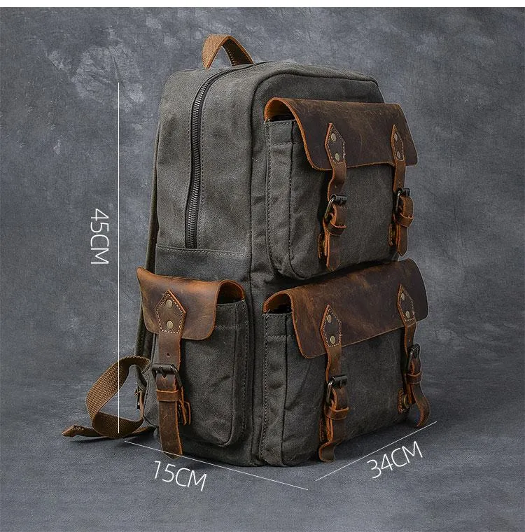 Waxed Canvas Leather Mens 15" Laptop Backpack Army Green Travel Backpack Dark Gray College Backpack for Men