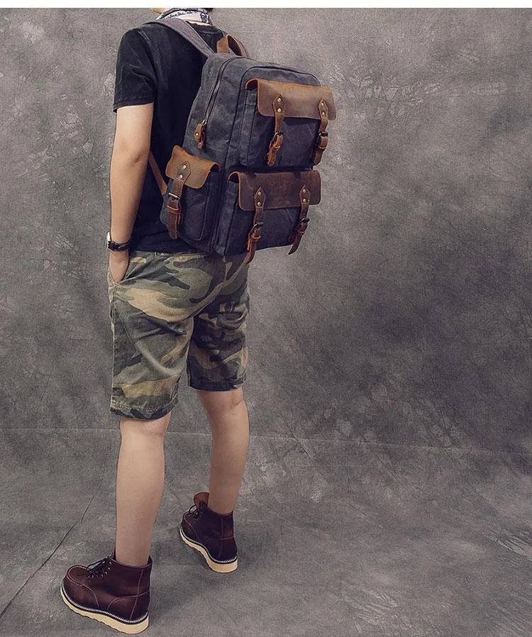 Waxed Canvas Leather Mens 15" Laptop Backpack Army Green Travel Backpack Dark Gray College Backpack for Men