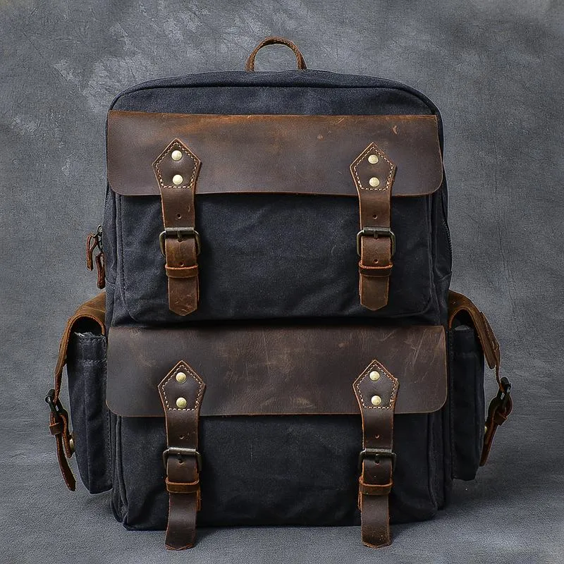 Waxed Canvas Leather Mens 15" Laptop Backpack Army Green Travel Backpack Dark Gray College Backpack for Men
