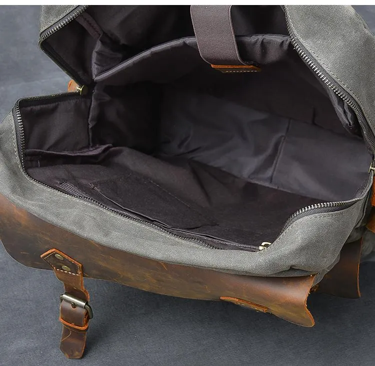 Waxed Canvas Leather Mens 15" Laptop Backpack Army Green Travel Backpack Dark Gray College Backpack for Men