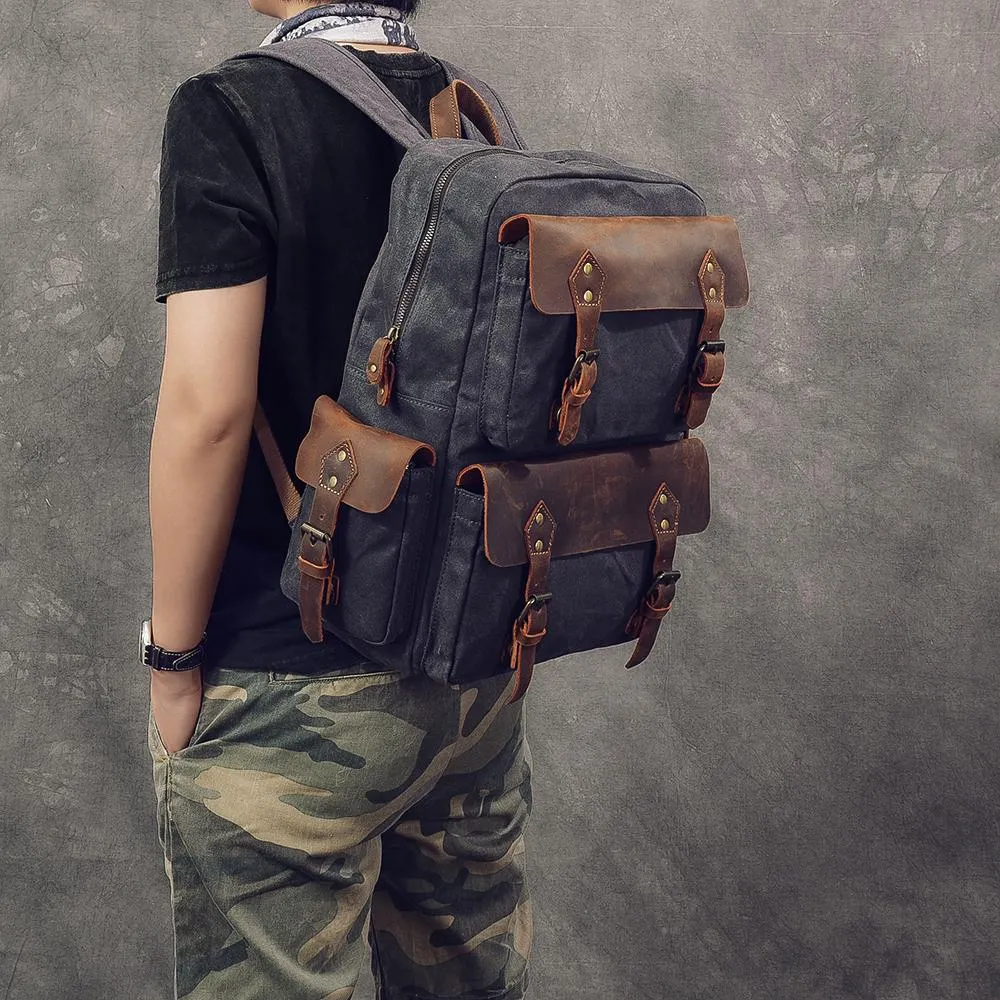 Waxed Canvas Leather Mens 15" Laptop Backpack Army Green Travel Backpack Dark Gray College Backpack for Men