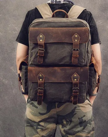 Waxed Canvas Leather Mens 15" Laptop Backpack Army Green Travel Backpack Dark Gray College Backpack for Men