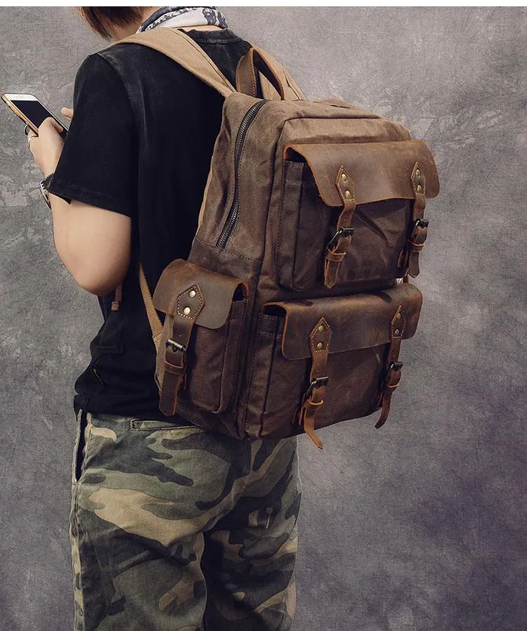 Waxed Canvas Leather Mens 15" Laptop Backpack Army Green Travel Backpack Dark Gray College Backpack for Men
