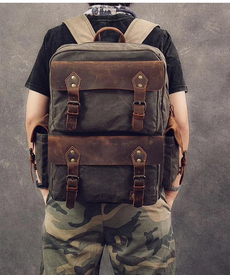 Waxed Canvas Leather Mens 15" Laptop Backpack Army Green Travel Backpack Dark Gray College Backpack for Men