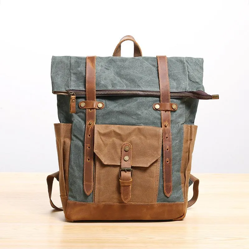 Waxed Canvas Leather Mens 17???? Lake Green Backpack Khaki Travel Backpack Dark Gray Hiking Backpack for Men