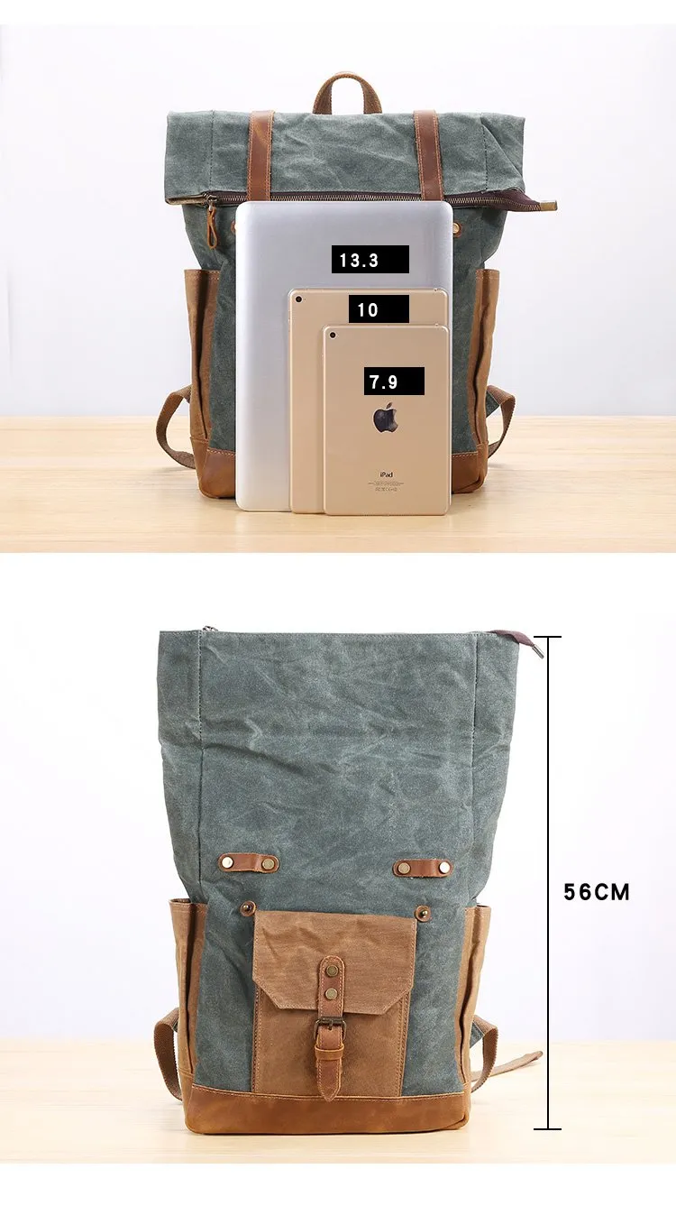 Waxed Canvas Leather Mens 17???? Lake Green Backpack Khaki Travel Backpack Dark Gray Hiking Backpack for Men