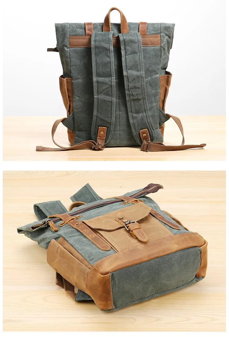 Waxed Canvas Leather Mens 17???? Lake Green Backpack Khaki Travel Backpack Dark Gray Hiking Backpack for Men