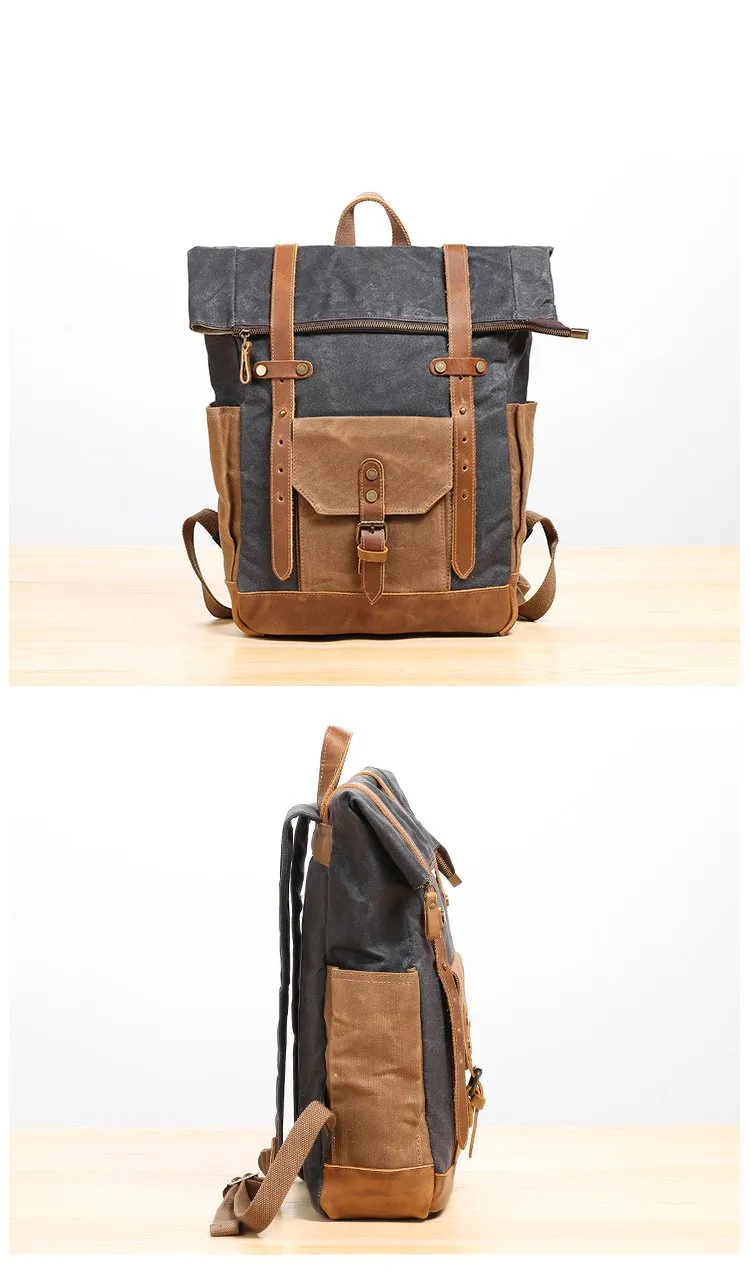 Waxed Canvas Leather Mens 17???? Lake Green Backpack Khaki Travel Backpack Dark Gray Hiking Backpack for Men