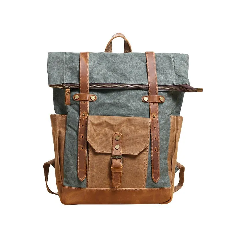 Waxed Canvas Leather Mens 17???? Lake Green Backpack Khaki Travel Backpack Dark Gray Hiking Backpack for Men