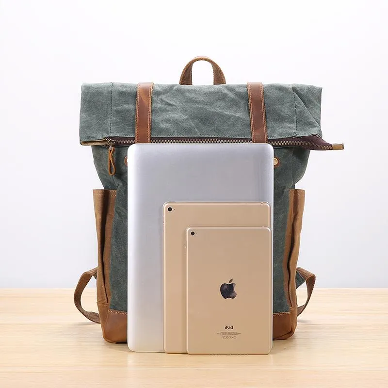 Waxed Canvas Leather Mens 17???? Lake Green Backpack Khaki Travel Backpack Dark Gray Hiking Backpack for Men