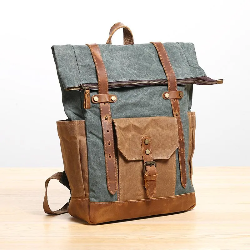 Waxed Canvas Leather Mens 17???? Lake Green Backpack Khaki Travel Backpack Dark Gray Hiking Backpack for Men
