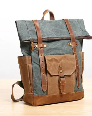 Waxed Canvas Leather Mens 17???? Lake Green Backpack Khaki Travel Backpack Dark Gray Hiking Backpack for Men