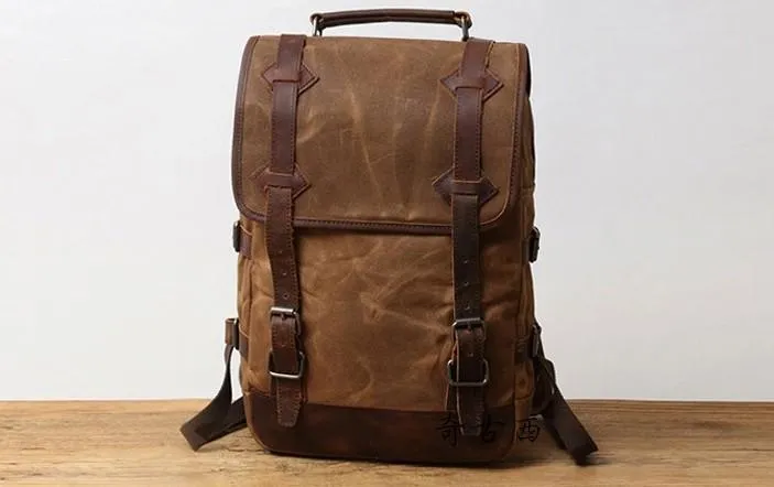 Waxed Canvas Leather Mens Backpack Canvas Travel Backpacks Canvas School Backpack for Men