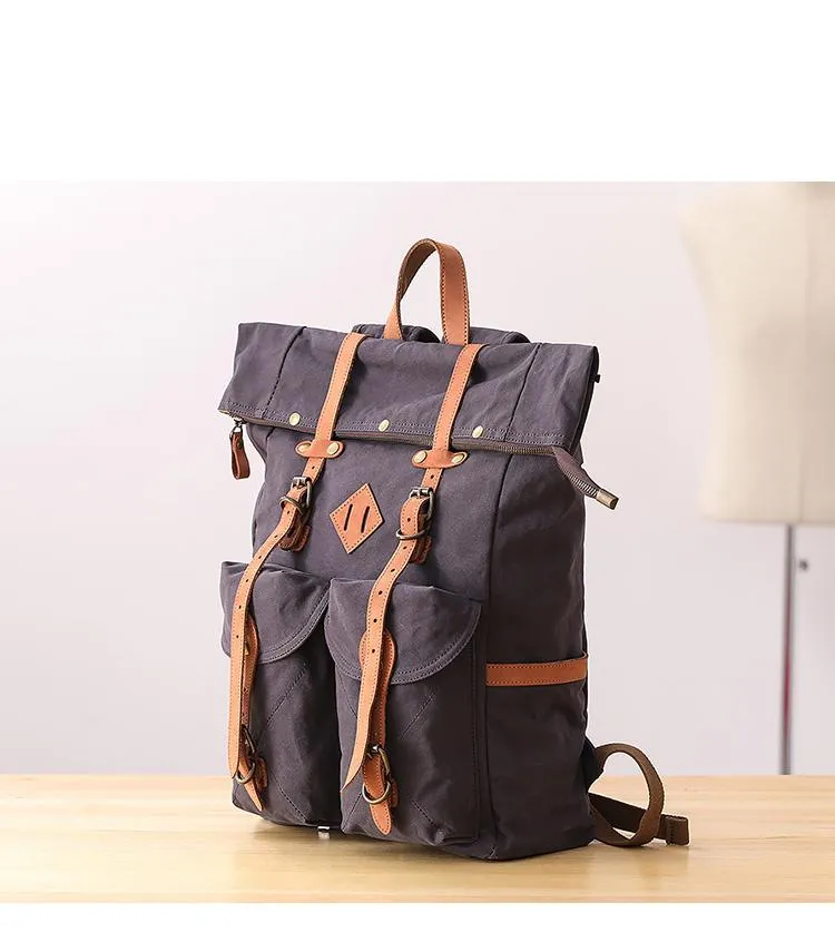 Waxed Canvas Leather Mens Dark Gray Waterproof 15???? Large Backpack Travel Backpack Green Hiking Backpack for Men