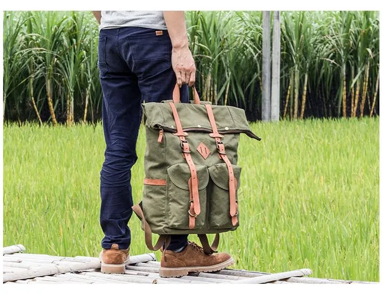 Waxed Canvas Leather Mens Dark Gray Waterproof 15???? Large Backpack Travel Backpack Green Hiking Backpack for Men