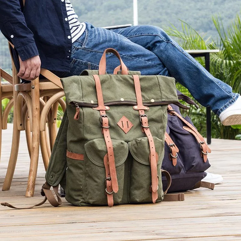 Waxed Canvas Leather Mens Dark Gray Waterproof 15???? Large Backpack Travel Backpack Green Hiking Backpack for Men