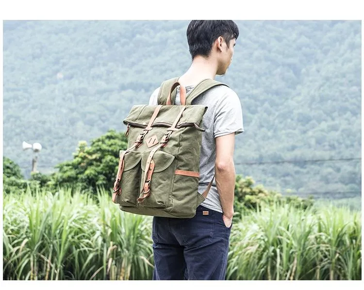 Waxed Canvas Leather Mens Dark Gray Waterproof 15???? Large Backpack Travel Backpack Green Hiking Backpack for Men