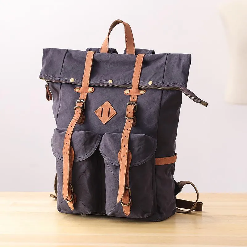 Waxed Canvas Leather Mens Dark Gray Waterproof 15???? Large Backpack Travel Backpack Green Hiking Backpack for Men