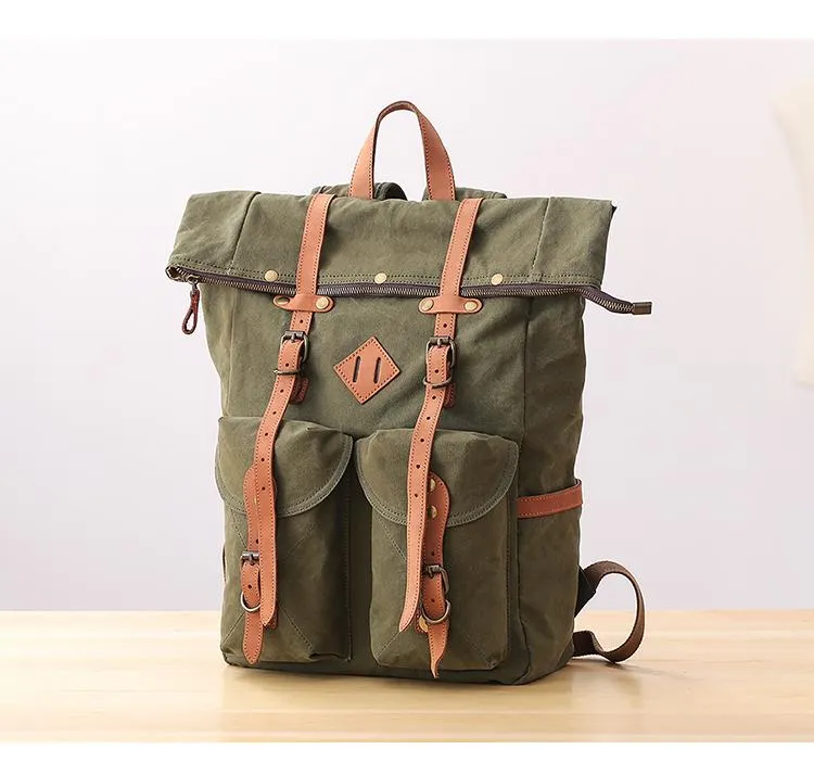 Waxed Canvas Leather Mens Dark Gray Waterproof 15???? Large Backpack Travel Backpack Green Hiking Backpack for Men