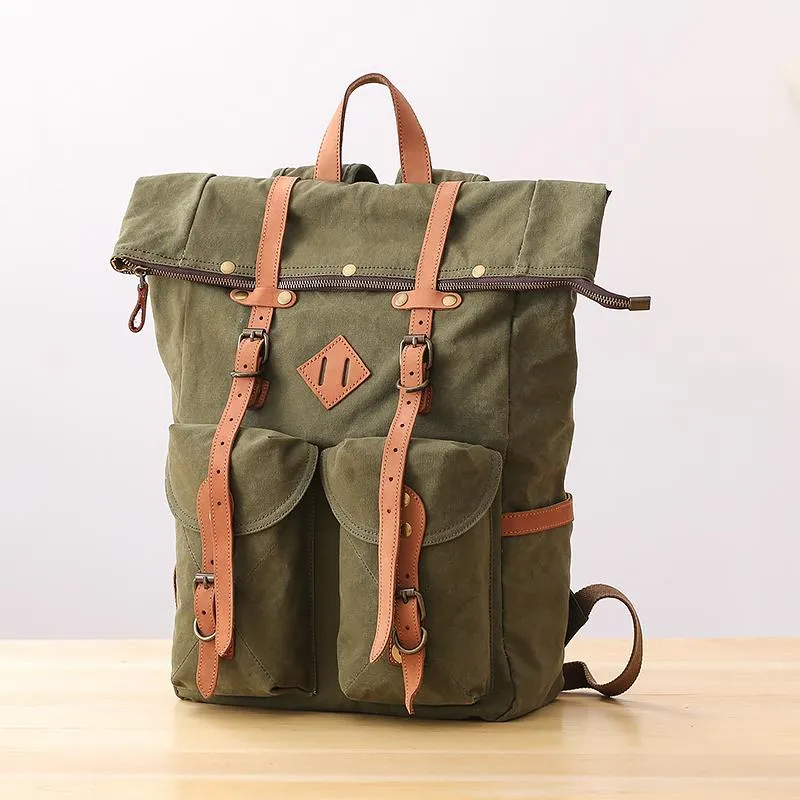 Waxed Canvas Leather Mens Dark Gray Waterproof 15???? Large Backpack Travel Backpack Green Hiking Backpack for Men