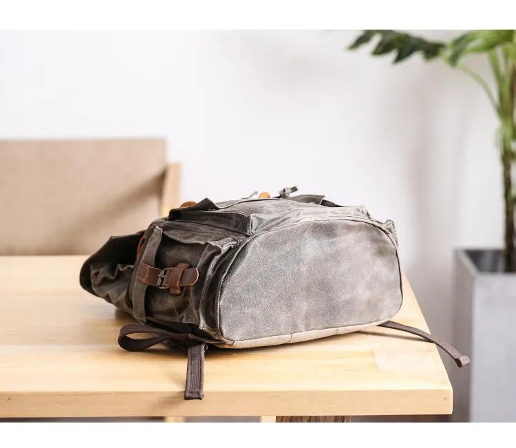 Waxed Canvas Leather Mens Gray Waterproof 15???? Large Backpack Travel Backpack College Backpack for Men