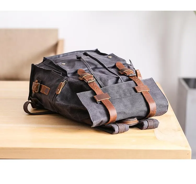 Waxed Canvas Leather Mens Gray Waterproof 15???? Large Backpack Travel Backpack College Backpack for Men