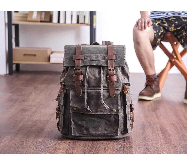 Waxed Canvas Leather Mens Gray Waterproof 15???? Large Backpack Travel Backpack College Backpack for Men