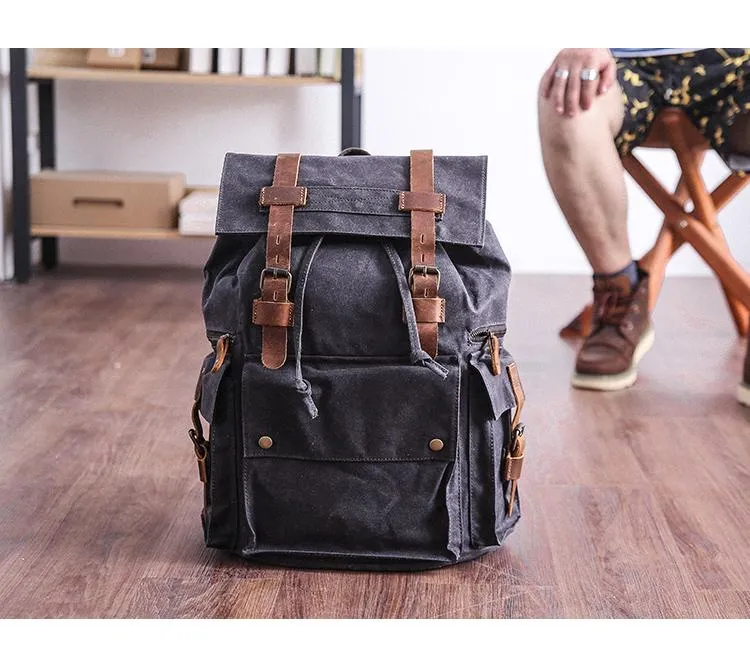 Waxed Canvas Leather Mens Gray Waterproof 15???? Large Backpack Travel Backpack College Backpack for Men