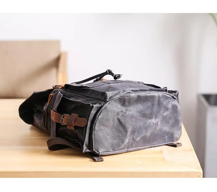 Waxed Canvas Leather Mens Gray Waterproof 15???? Large Backpack Travel Backpack College Backpack for Men