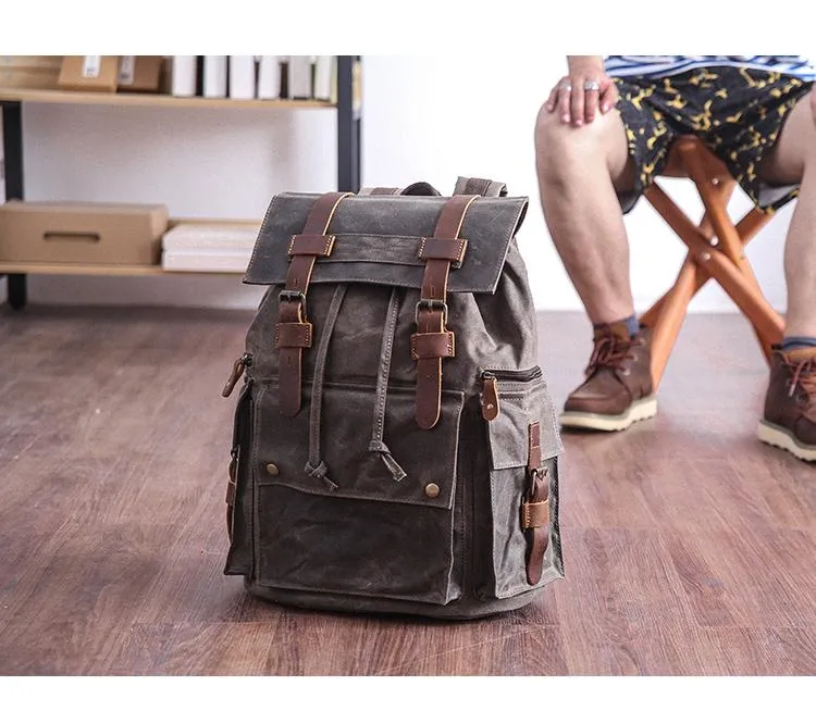 Waxed Canvas Leather Mens Gray Waterproof 15???? Large Backpack Travel Backpack College Backpack for Men