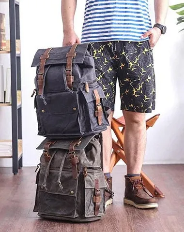Waxed Canvas Leather Mens Gray Waterproof 15???? Large Backpack Travel Backpack College Backpack for Men