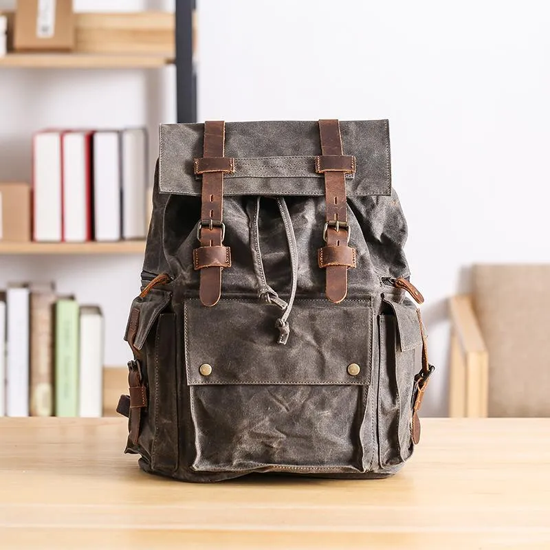 Waxed Canvas Leather Mens Gray Waterproof 15???? Large Backpack Travel Backpack College Backpack for Men