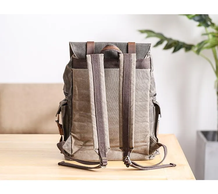 Waxed Canvas Leather Mens Gray Waterproof 15???? Large Backpack Travel Backpack College Backpack for Men