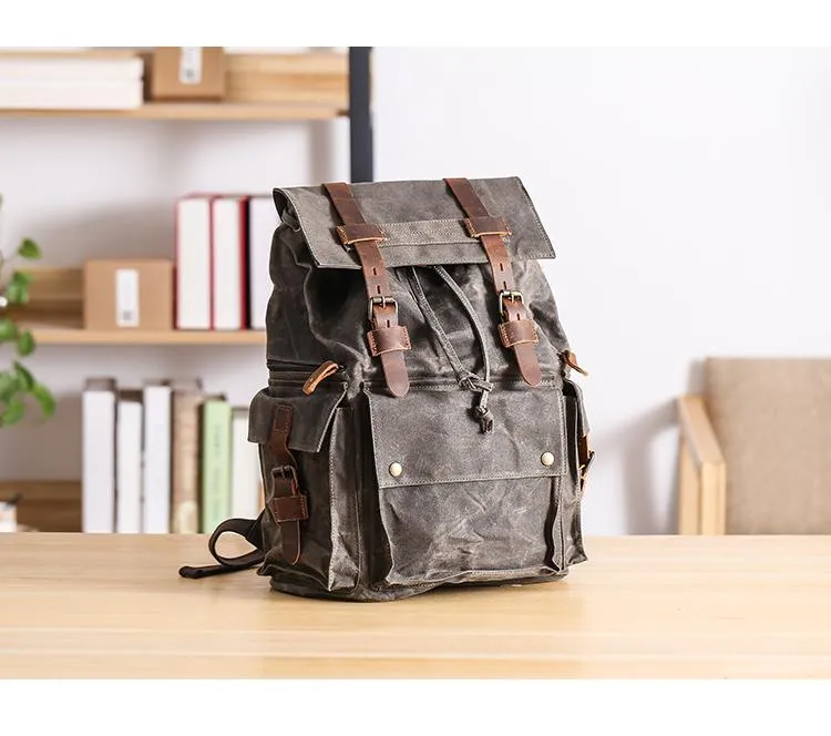 Waxed Canvas Leather Mens Gray Waterproof 15???? Large Backpack Travel Backpack College Backpack for Men