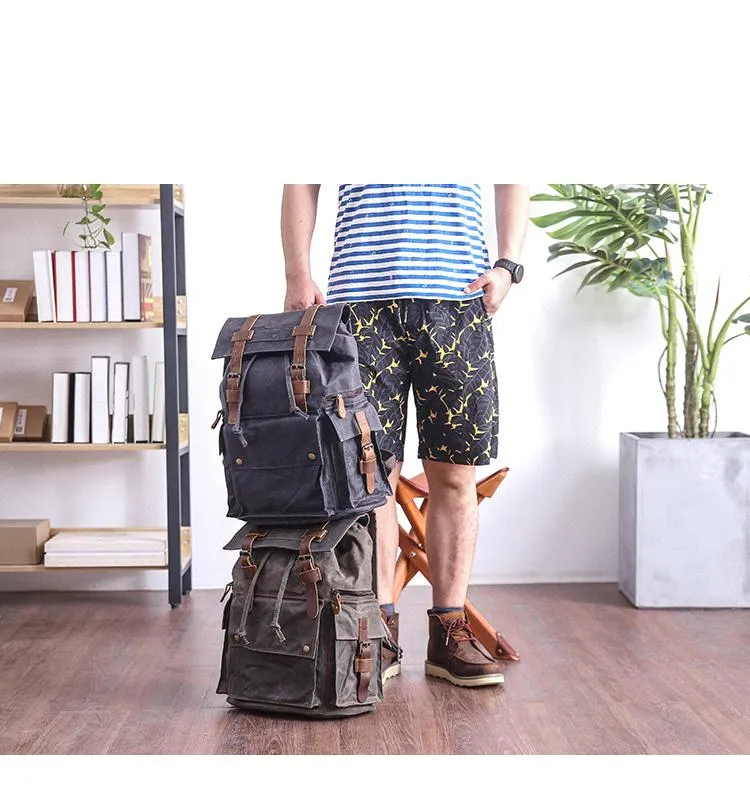 Waxed Canvas Leather Mens Gray Waterproof 15???? Large Backpack Travel Backpack College Backpack for Men